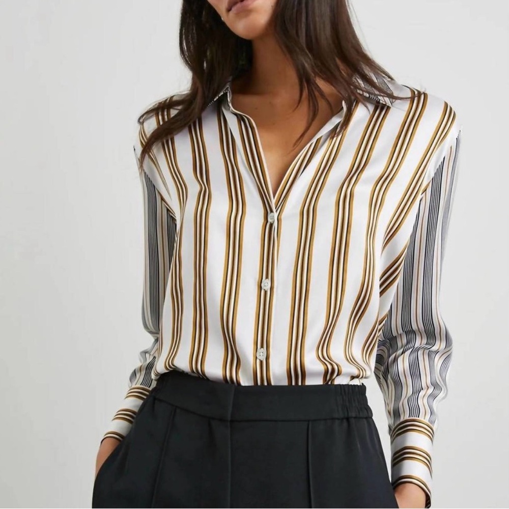 Rails Dorian Silk Button Down Blouse Bronze Mix Stripe Size S